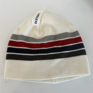 Old Navy Cream Knit Beanie with Red, Gray and Navy Stripes